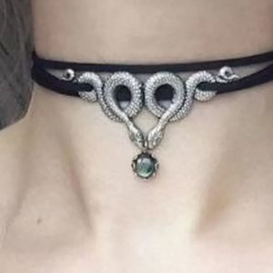 Silver titanium double snake black silk cord crystal goth choker necklace new